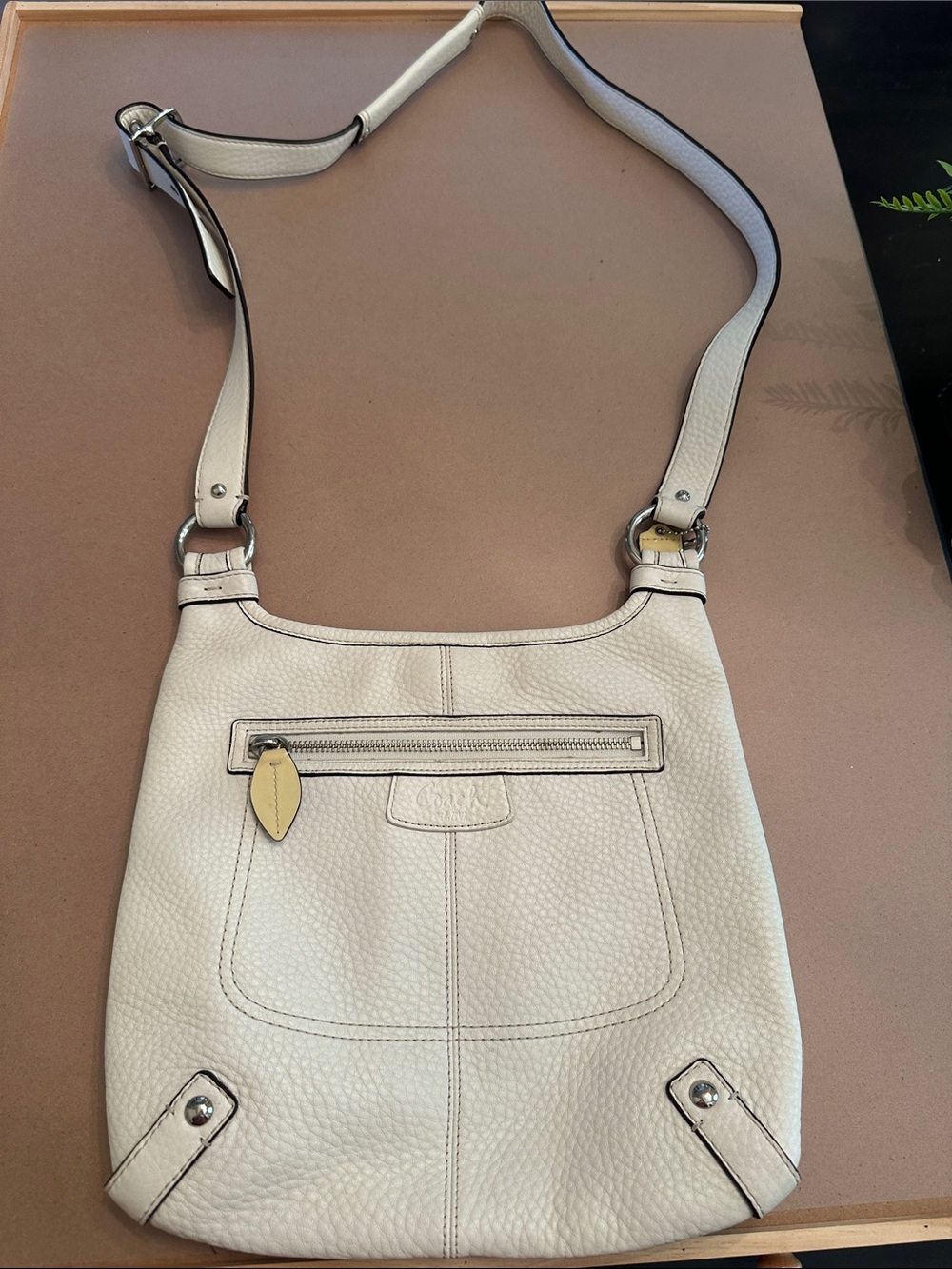 Coach Ivory Pebbled Leather Crossbody with Leaf Zip Pull